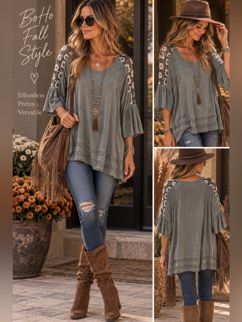 POL Gray Blouse with Lace Accents